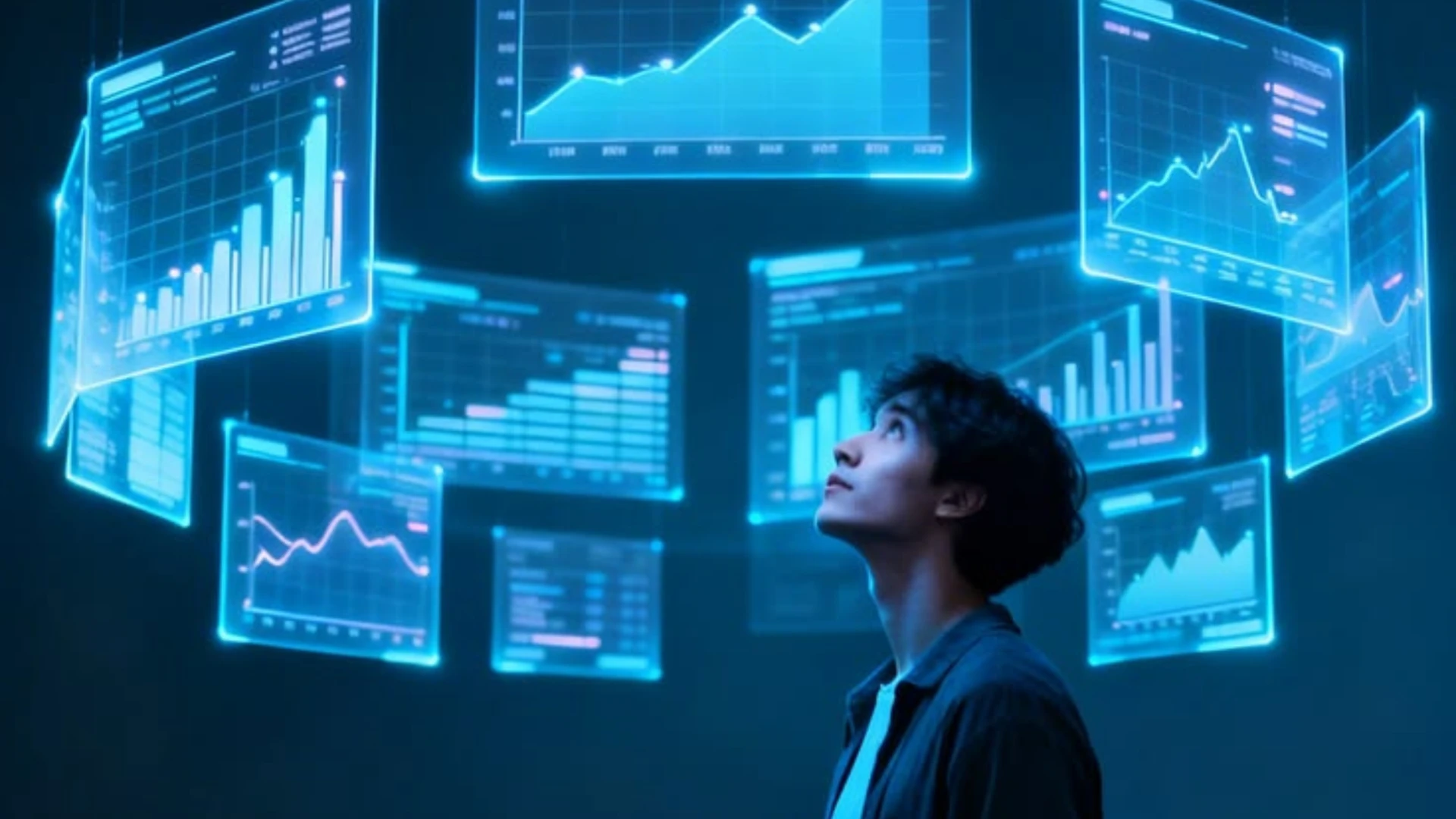 Profissional observa painéis de dados sobre IA e produtividade no trabalho